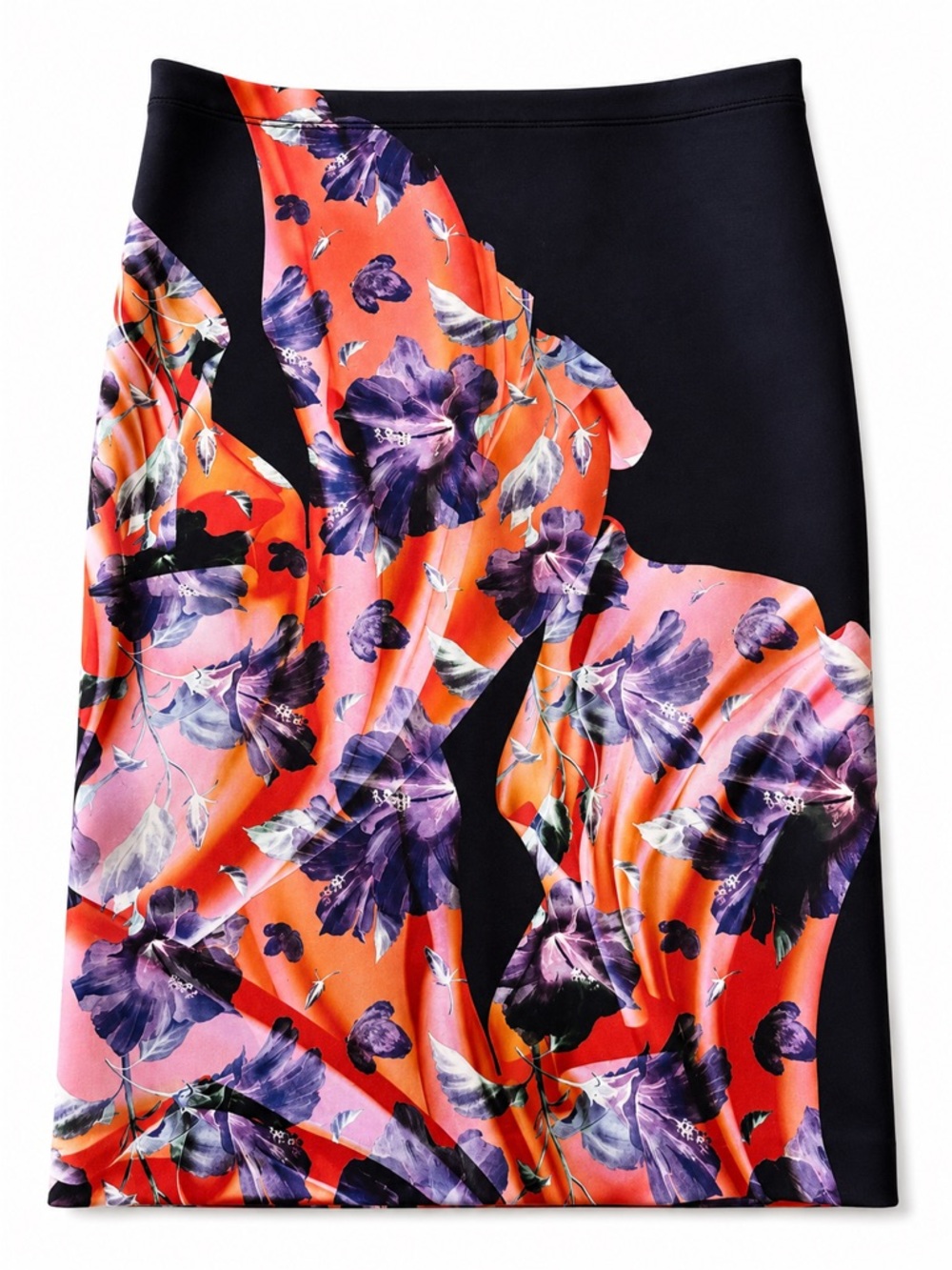 Clover Canyon Black Pencil Skirt with Coral and Purple Floral Panels